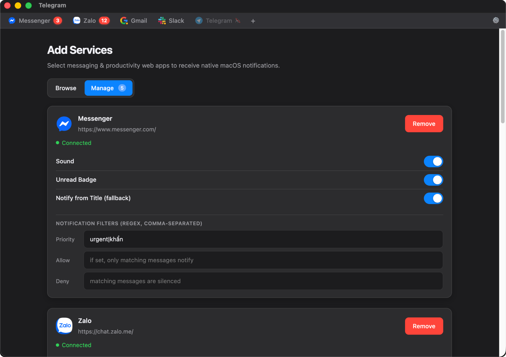 Manage tab with per-service connection status, switches and regex notification filters