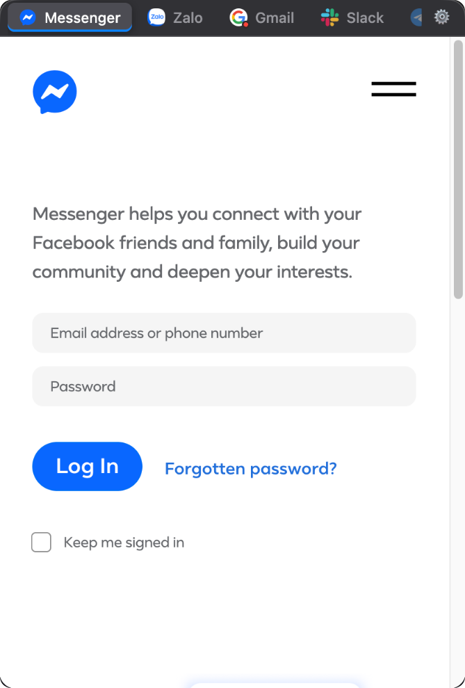 Menu Bar Panel with Messenger loaded full-page inside the compact popup