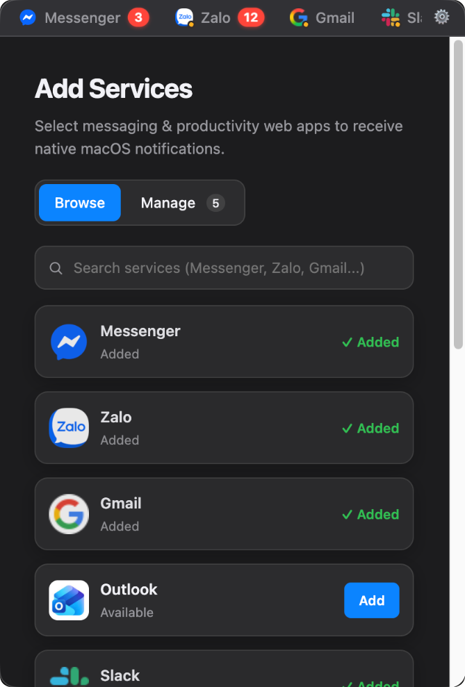 Menu bar panel showing the Add Services list