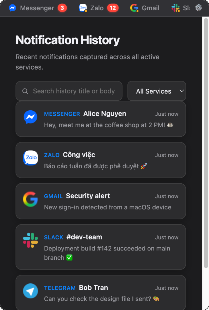 Menu bar panel showing the notification history in a compact frameless popup