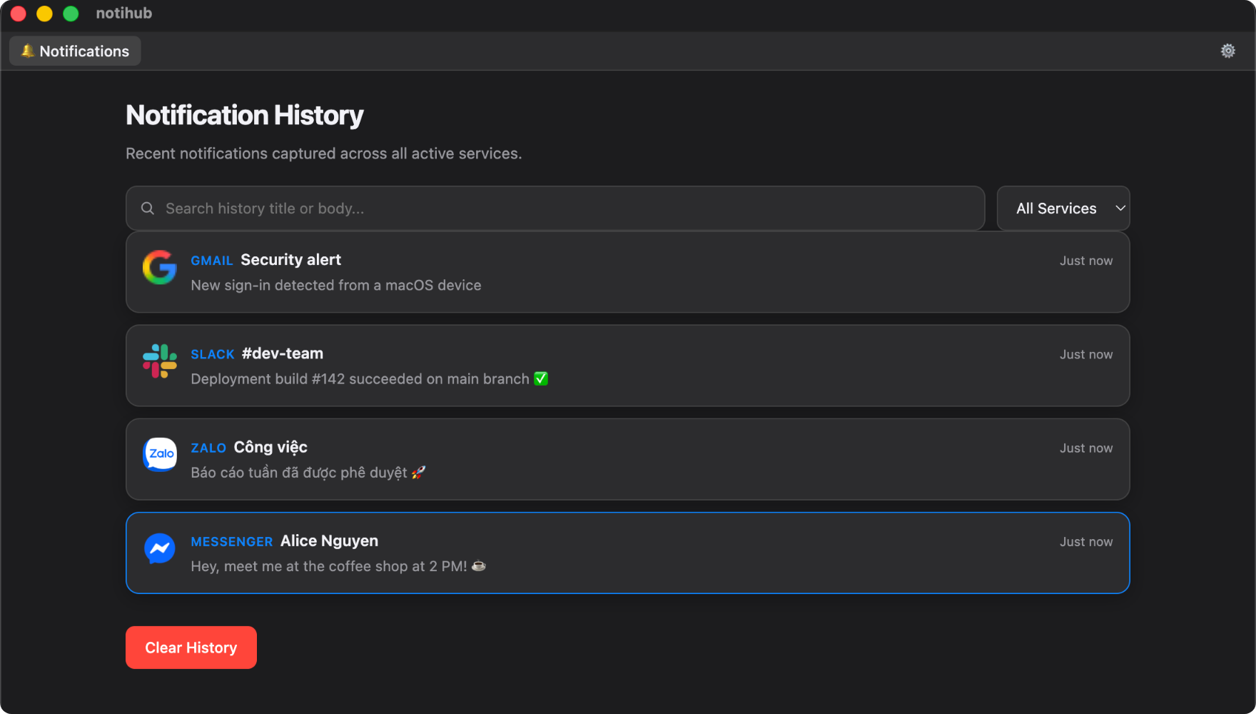 Minimal Mode showing only the notification history, with no tab strip