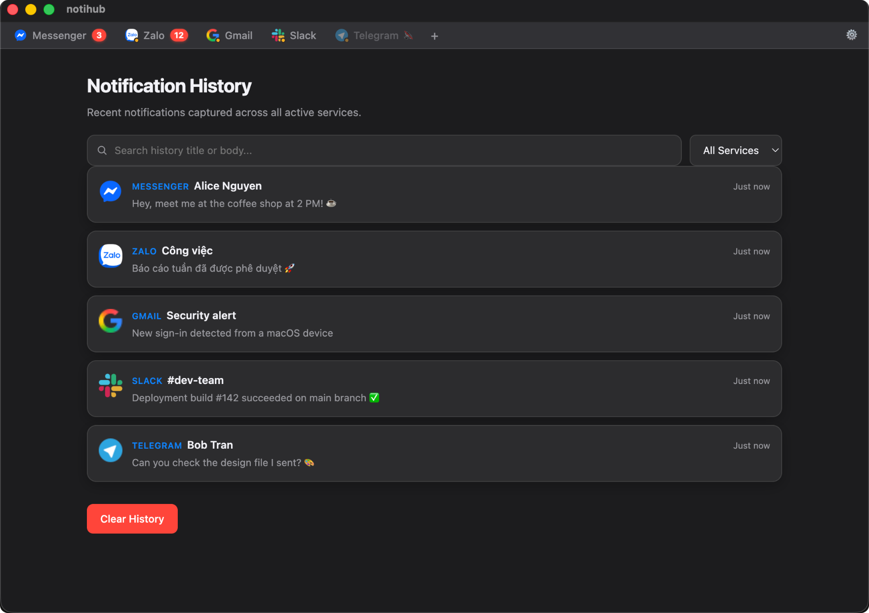 Notihub notification history listing messages from Messenger, Zalo, Gmail, Slack and Telegram