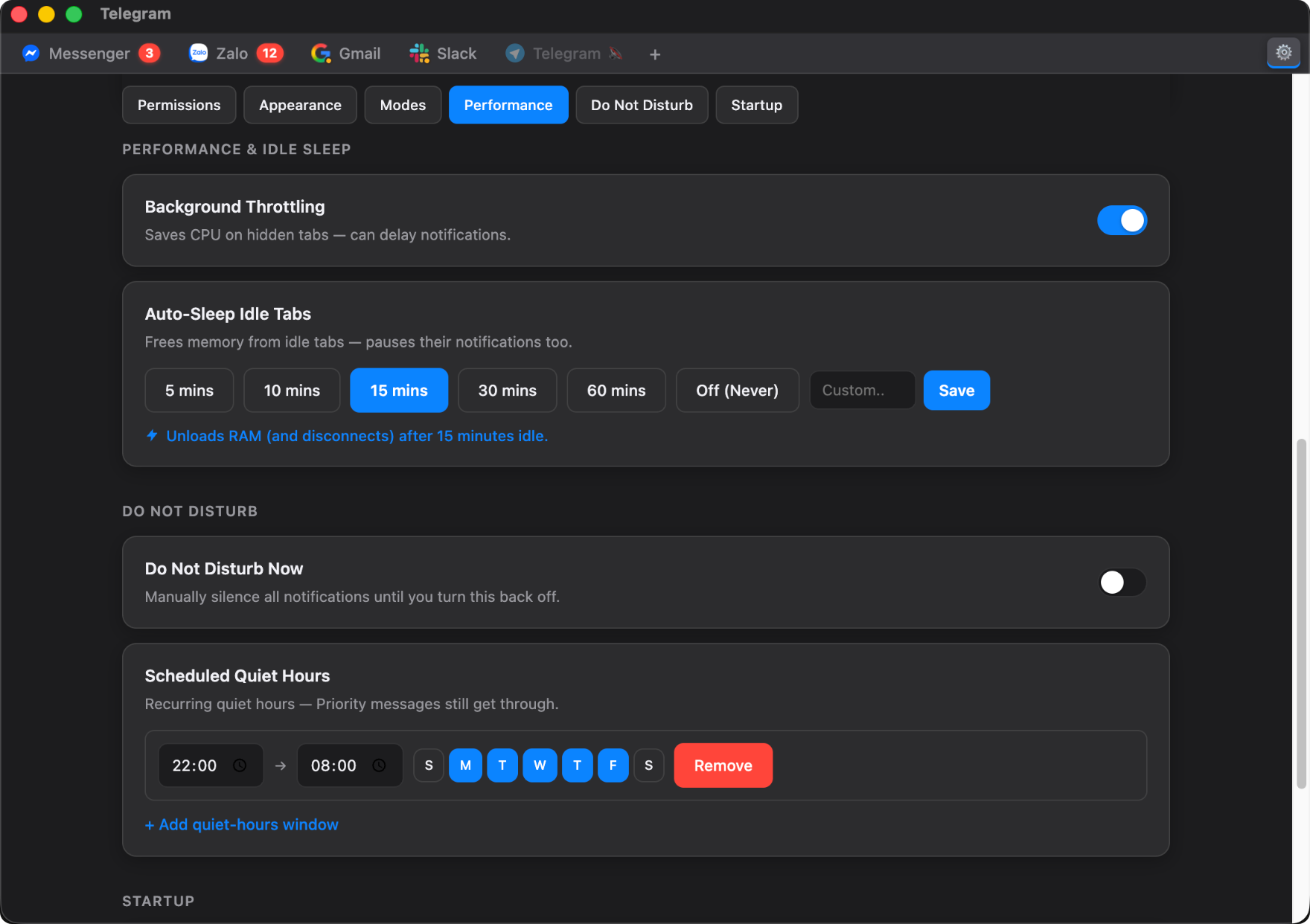 Performance settings with background throttling and auto-sleep idle presets