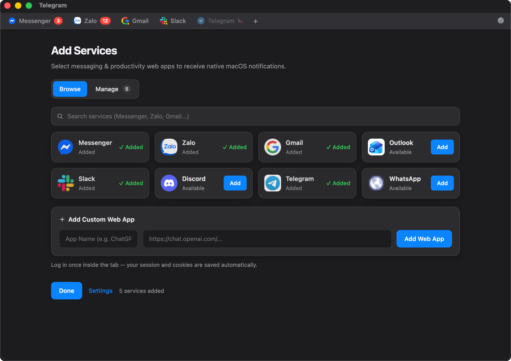 Notihub Add Services panel with Messenger, Zalo, Gmail, Outlook, Slack, Discord, Telegram and WhatsApp