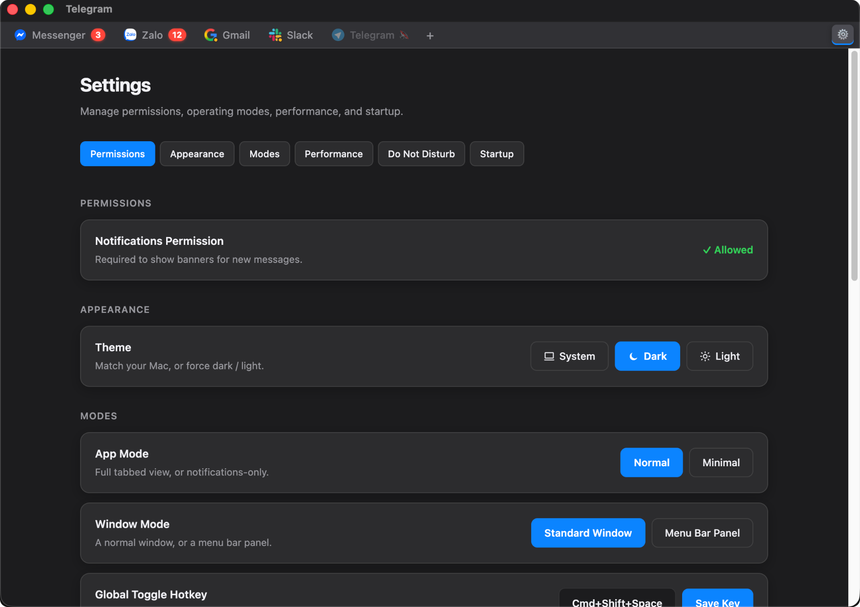 Notihub Settings showing the notification permission and theme controls