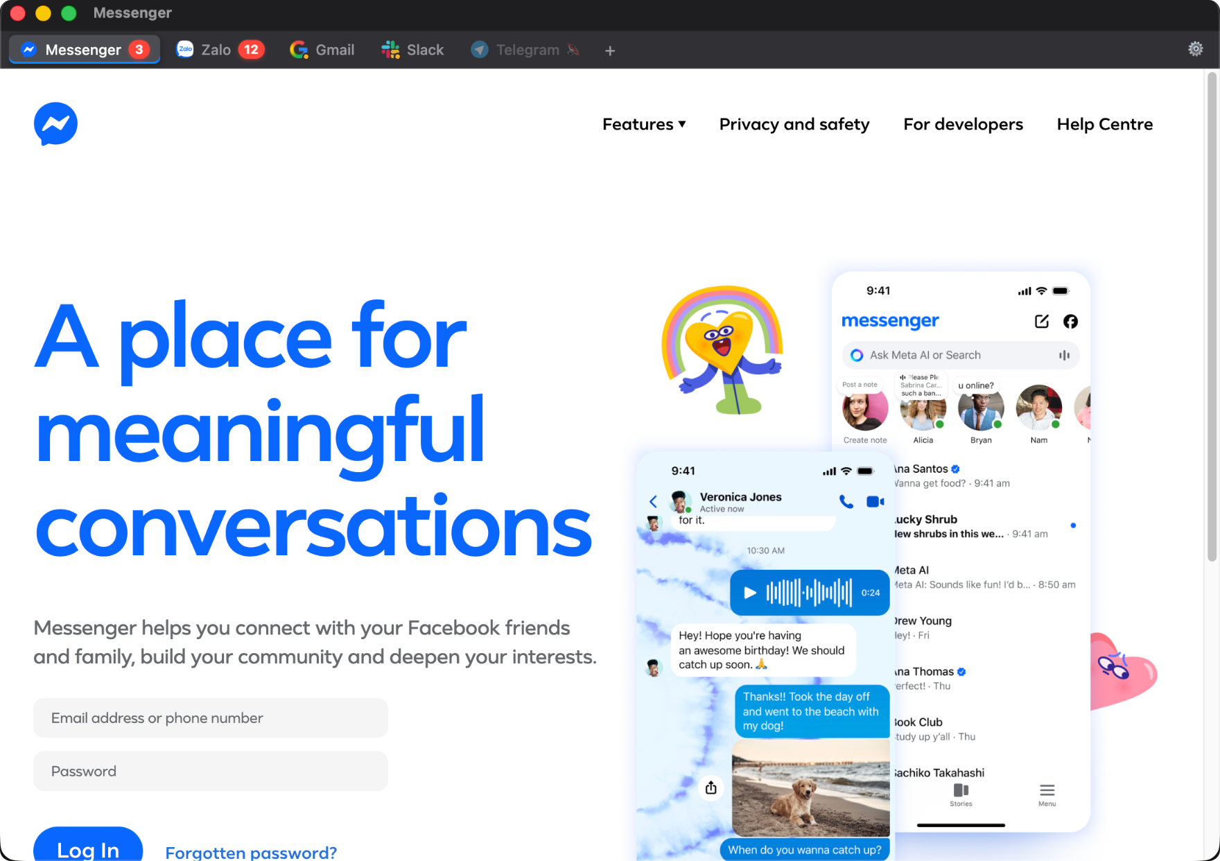 Telegram Web running inside a Notihub tab alongside Messenger, Zalo, Gmail and Slack